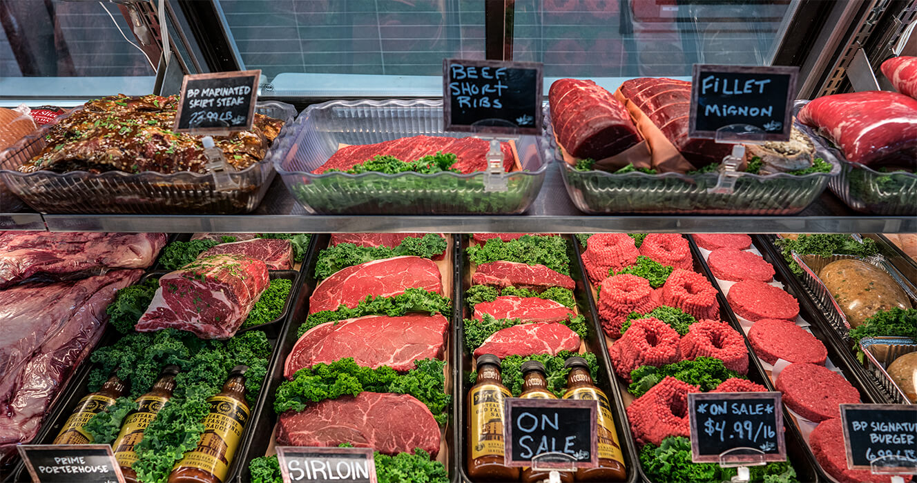 Basil & Prime Meat Department - Prime Porterhouse, Sirloin, Skirt Steaks, Short Ribs, Filet Mignon, Ground Beef